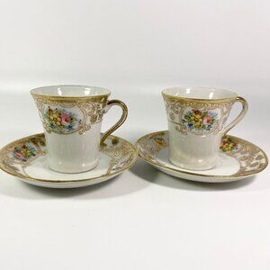 Antique set of 2 Gold encrusted hand painted  cup and saucer shamrock back stamp